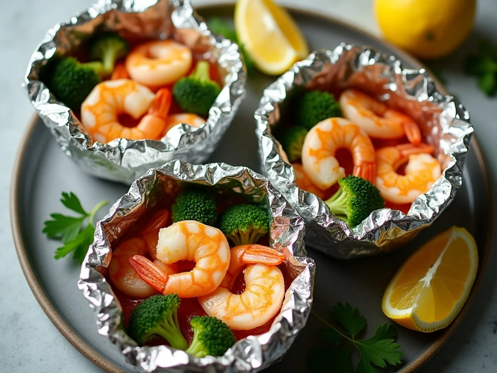 Garlic lemon butter shrimp and broccoli foil packs ready to serve