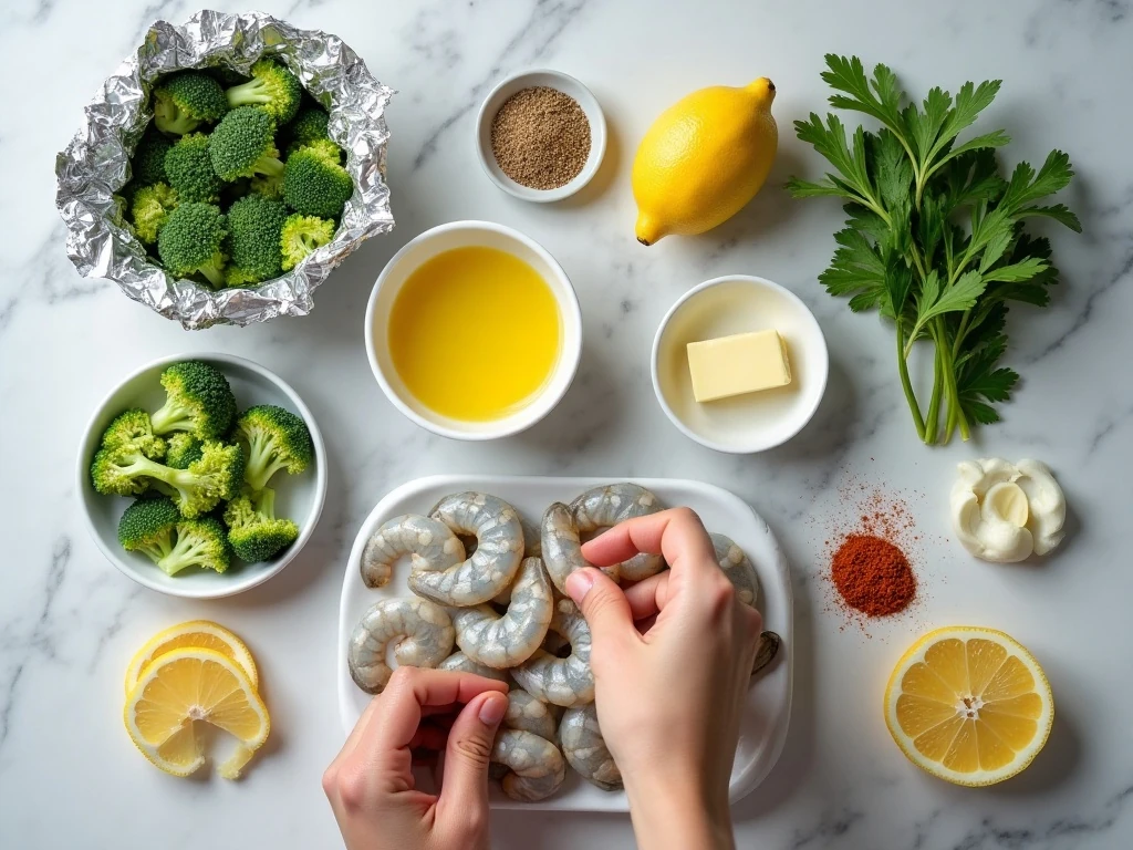 Ingredients for garlic lemon butter shrimp and broccoli foil packs