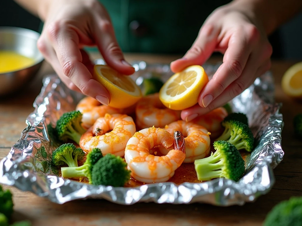 Preparing shrimp and broccoli foil packets before baking