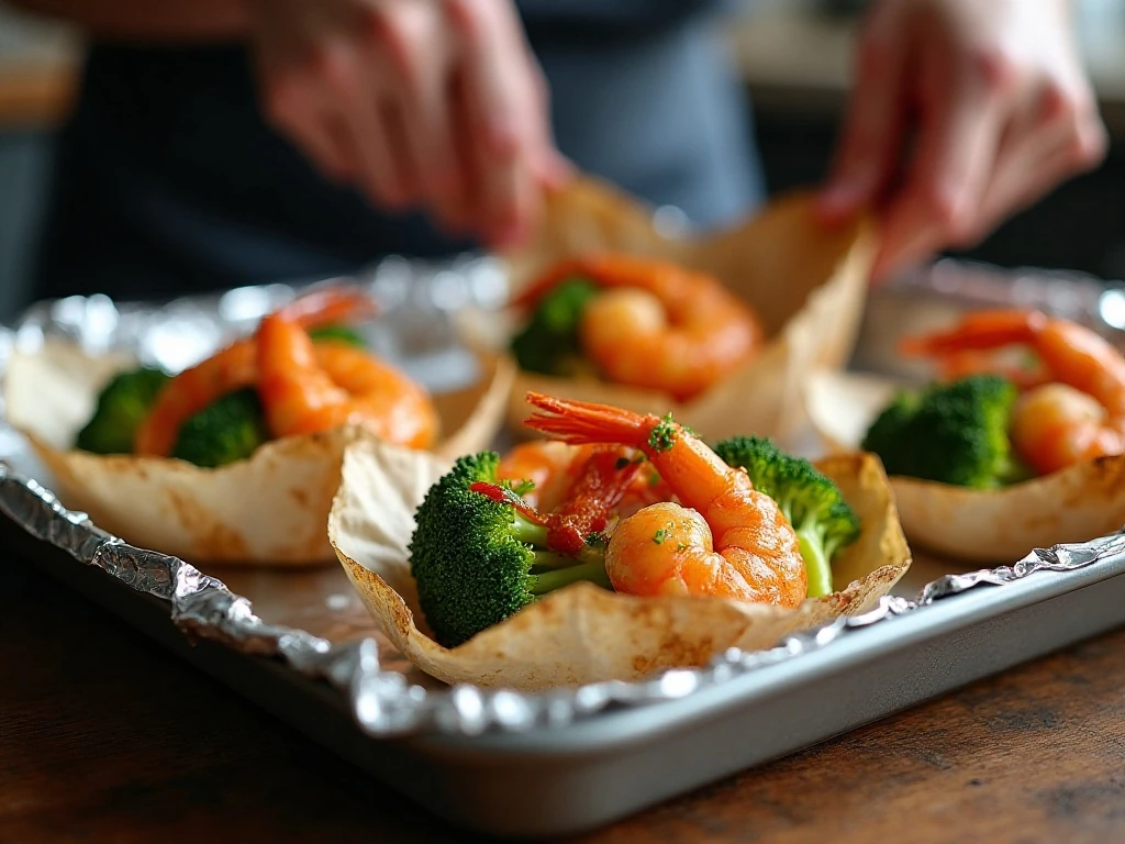 Sealed shrimp and broccoli foil packets on a baking sheet