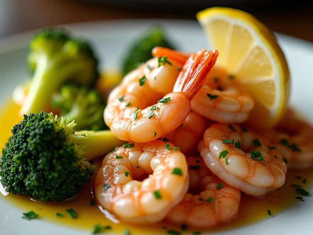 Lemon parsley garnish on garlic butter shrimp and broccoli