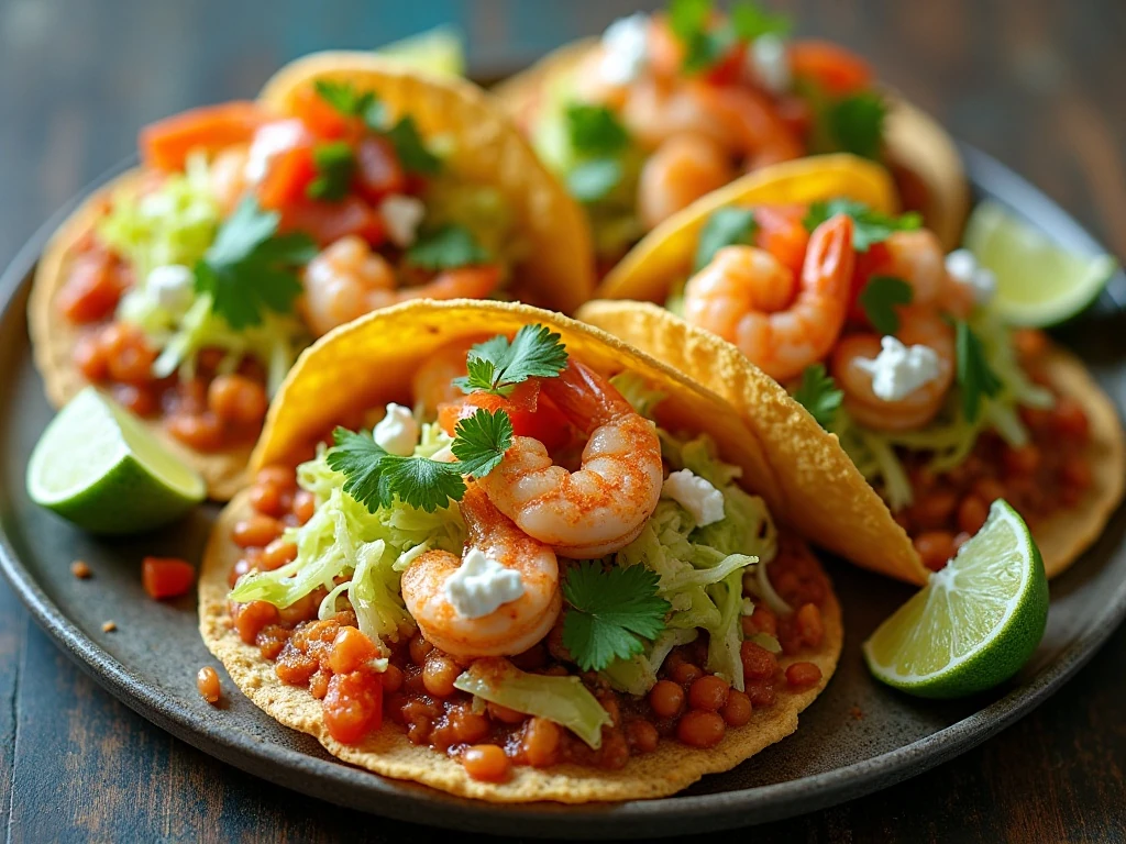 Crispy baked shrimp tostadas topped with beans, lettuce, avocado, pico de gallo, and cheese