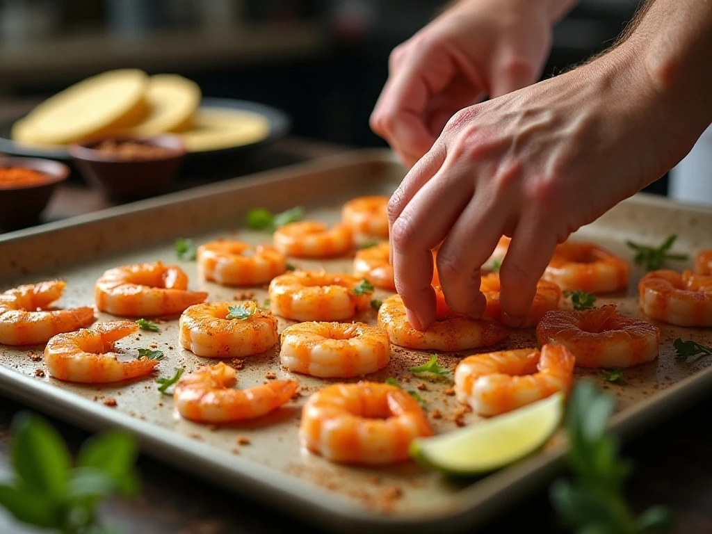 Seasoned shrimp and corn tortillas being prepared for baked tostadas