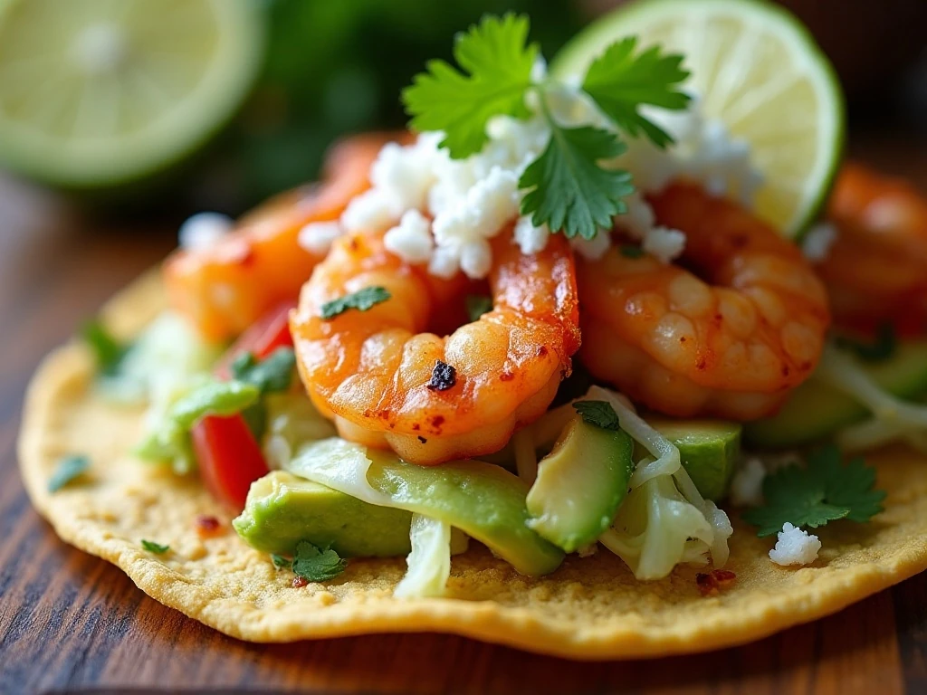 Close-up of chili-lime shrimp tostada toppings and fresh garnishes