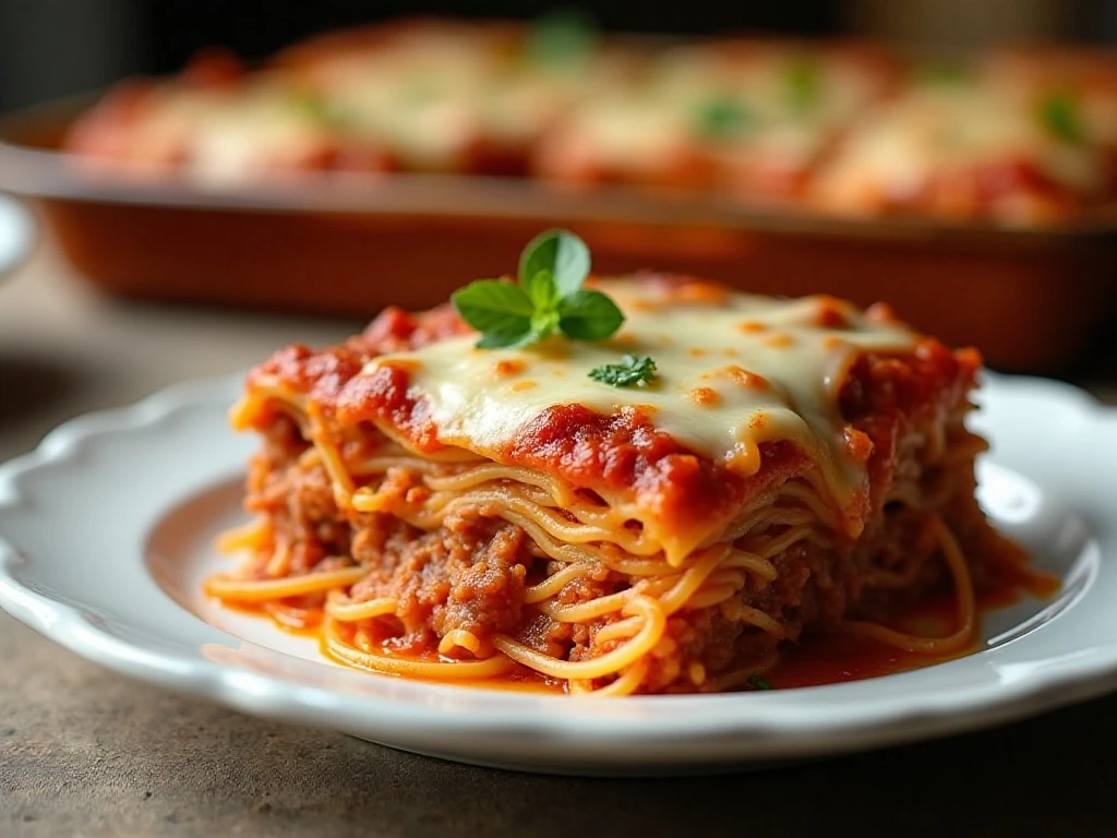 A generous serving of cheesy baked spaghetti casserole