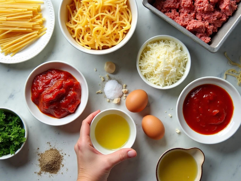 Ingredients for baked spaghetti casserole arranged on a kitchen counter