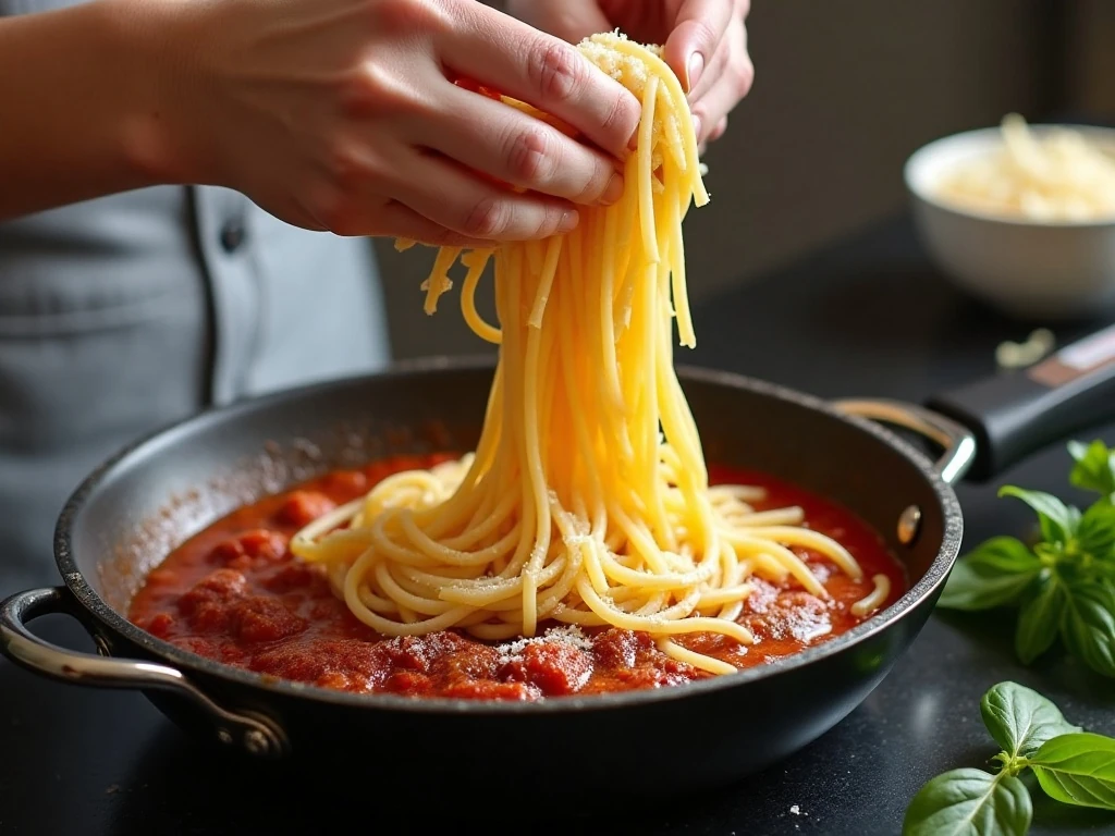 Spaghetti being coated with egg and Parmesan before baking