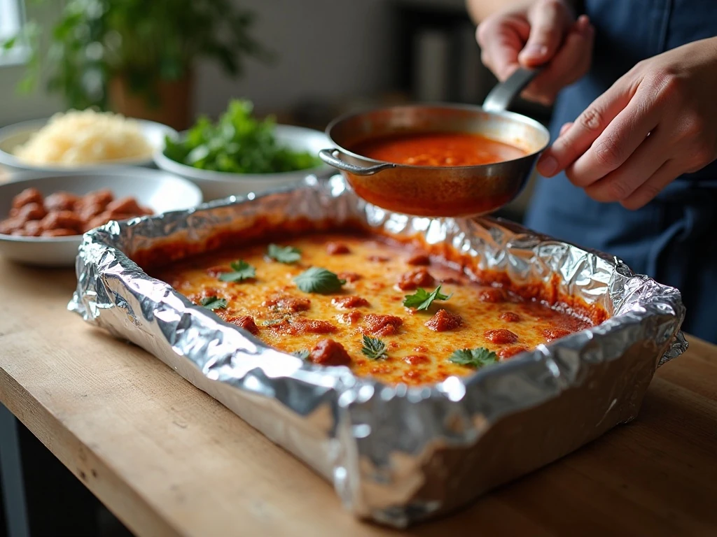 Prepared spaghetti casserole covered with foil before baking