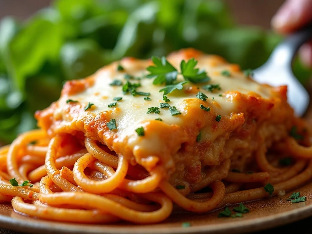 Fresh parsley garnish on golden baked spaghetti casserole