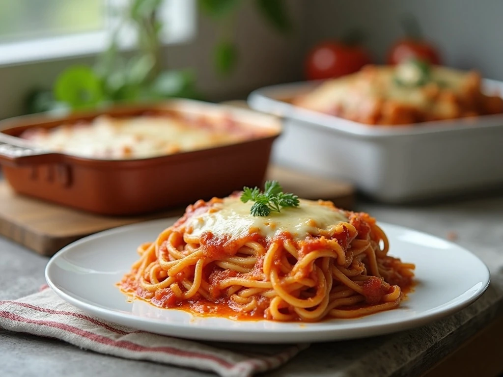 Stored and reheated baked spaghetti casserole ready to serve