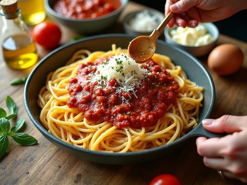 Ingredients for baked spaghetti pie arranged on a kitchen counter