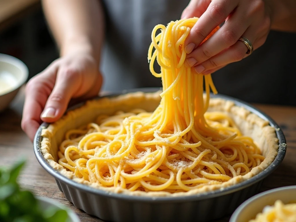 Pressing spaghetti into a pie pan to make the baked spaghetti pie crust