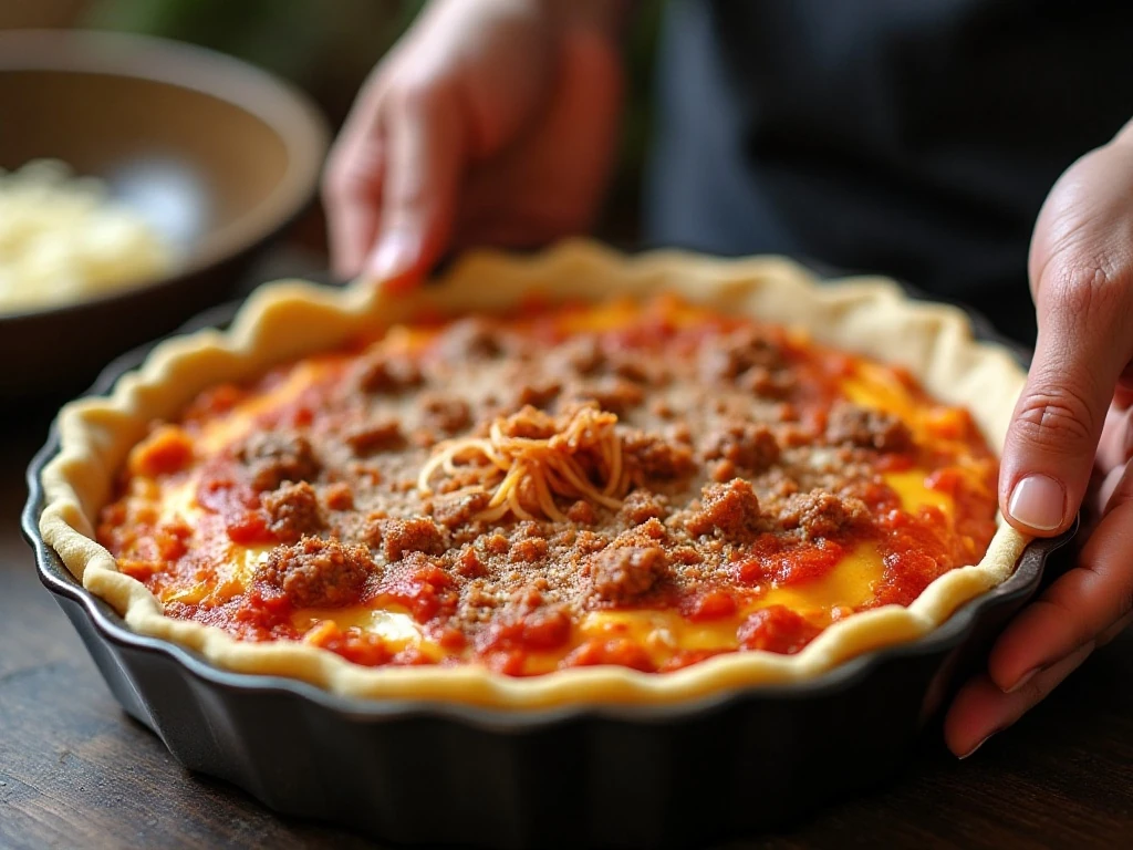 Layering ricotta, mozzarella, and meat sauce over spaghetti crust
