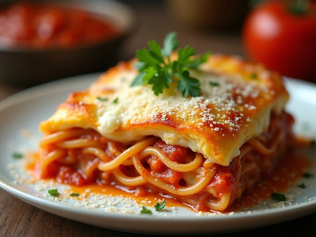 Golden baked spaghetti pie wedge served with marinara sauce