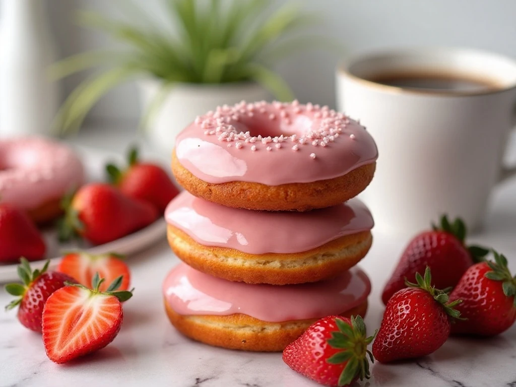 Soft baked strawberry donuts with pink glaze served for breakfast