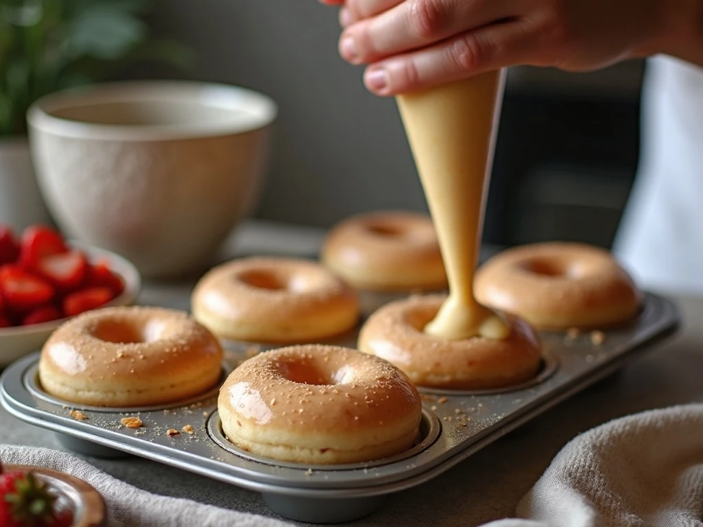 Piping strawberry donut batter into a donut pan