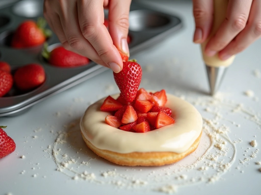 Fresh strawberries folded into baked donut batter