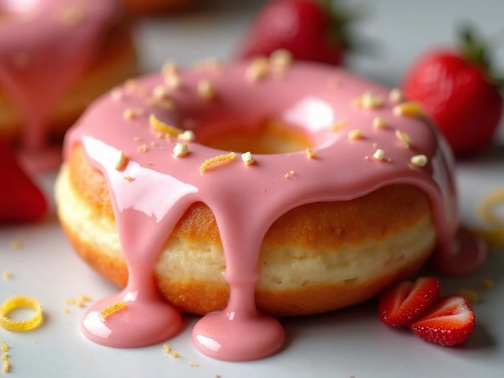 Pink strawberry glaze coating a homemade baked donut