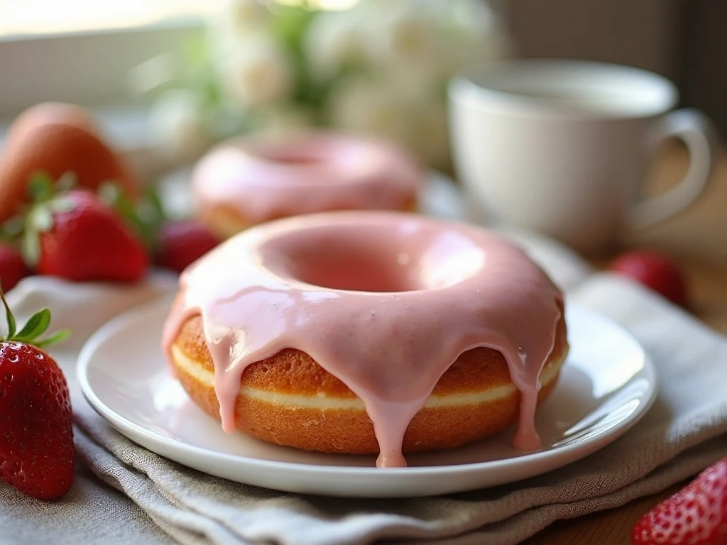 Plate of glazed baked strawberry donuts served for brunch