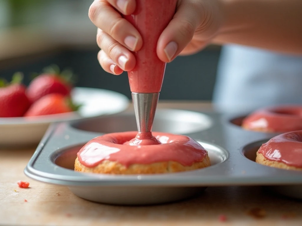 Piping strawberry donut batter into a donut pan