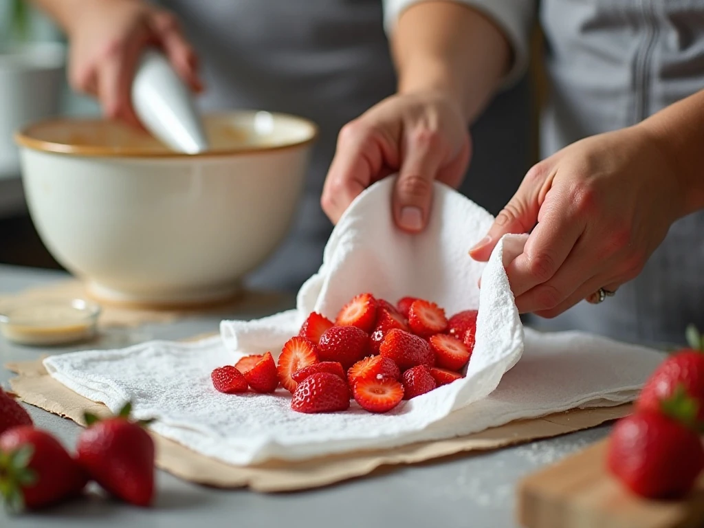Drying chopped strawberries before adding them to donut batter