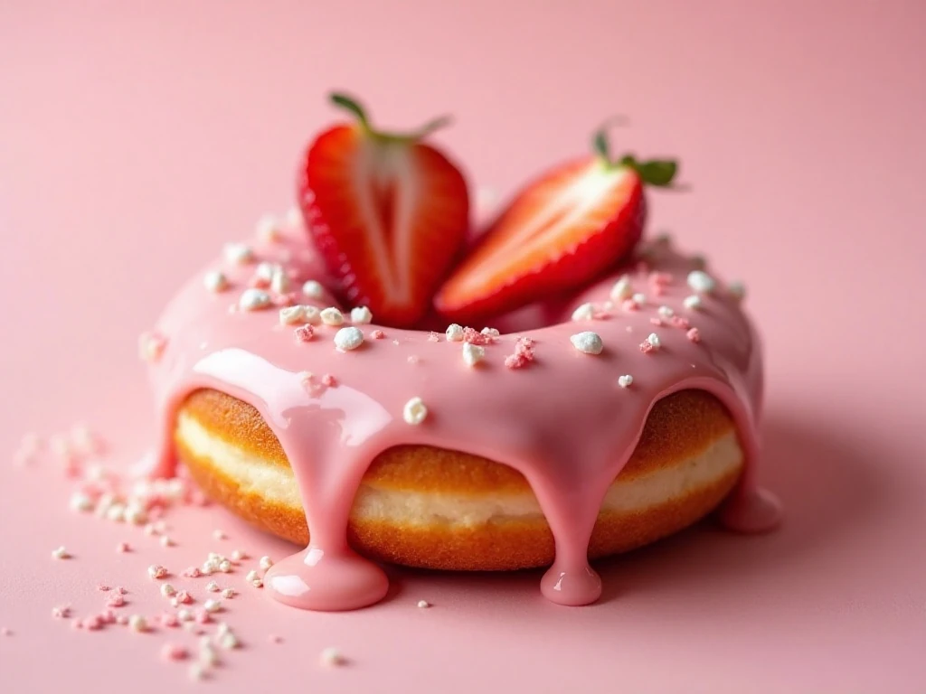 Close-up of strawberry glazed donut with fresh fruit garnish