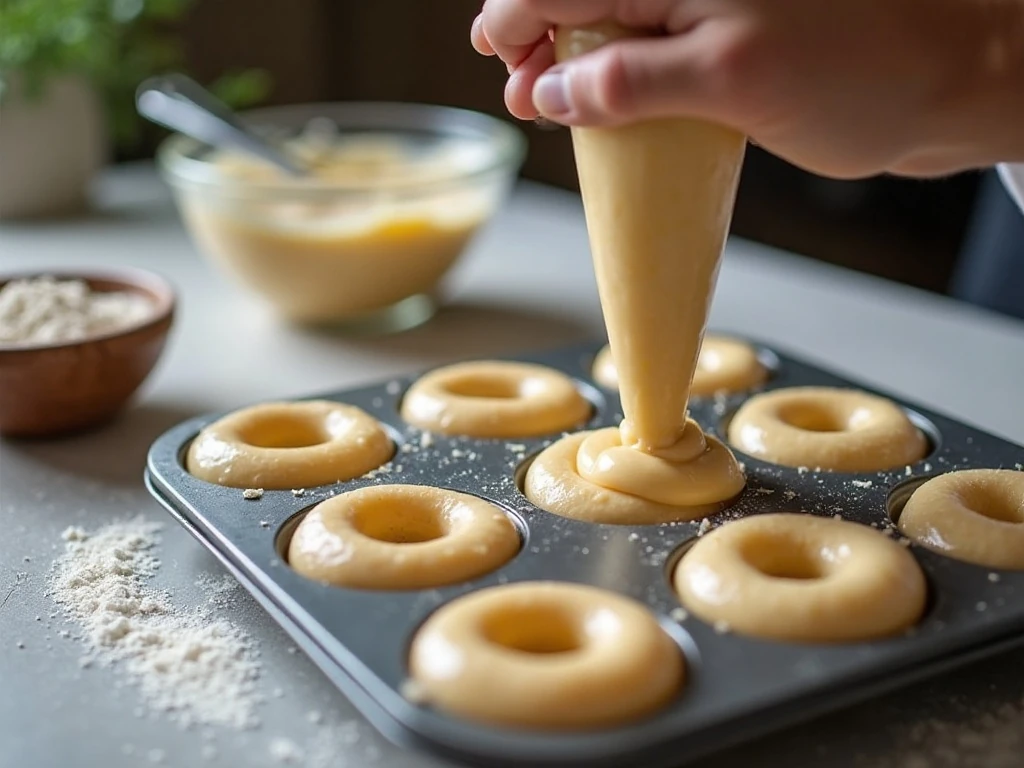 Piping donut batter into a donut pan