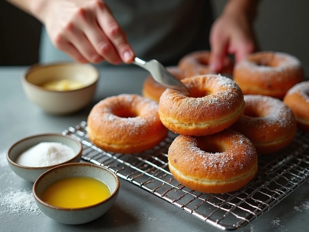 Warm baked donuts ready for butter and sugar coating