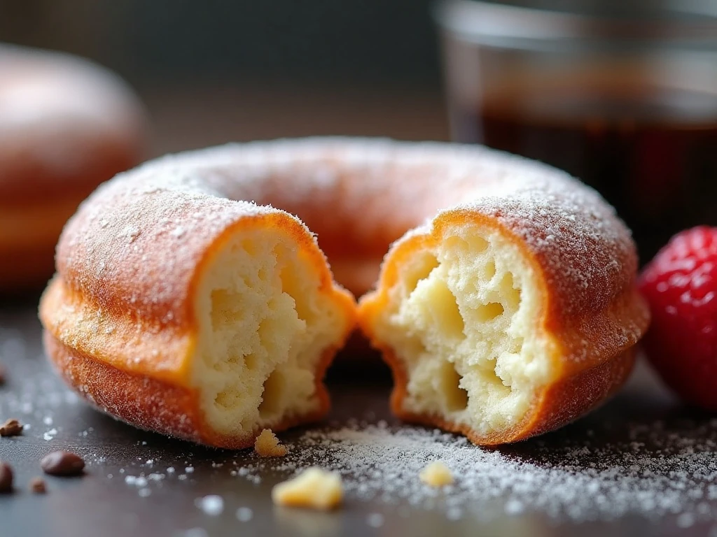 Close-up of the soft crumb and sugar coating on a baked donut