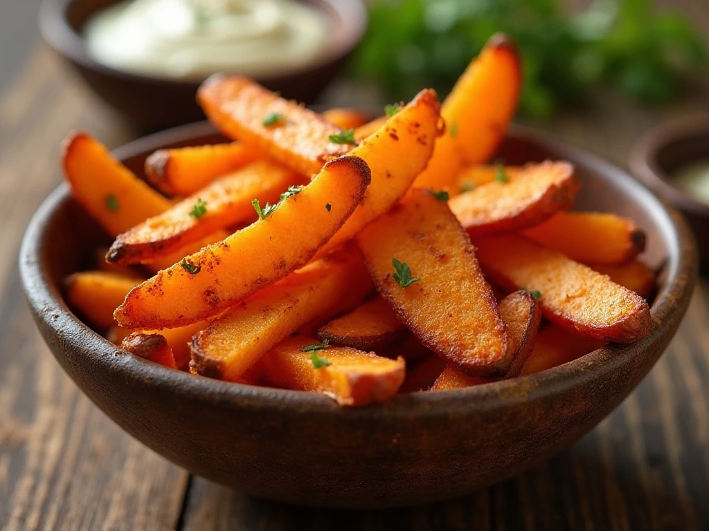 Crispy baked sweet potato fries seasoned with smoked paprika