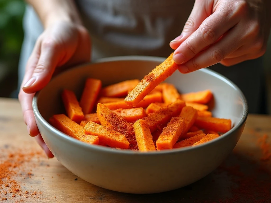 Sweet potato fries coated with cornstarch and smoked paprika before baking