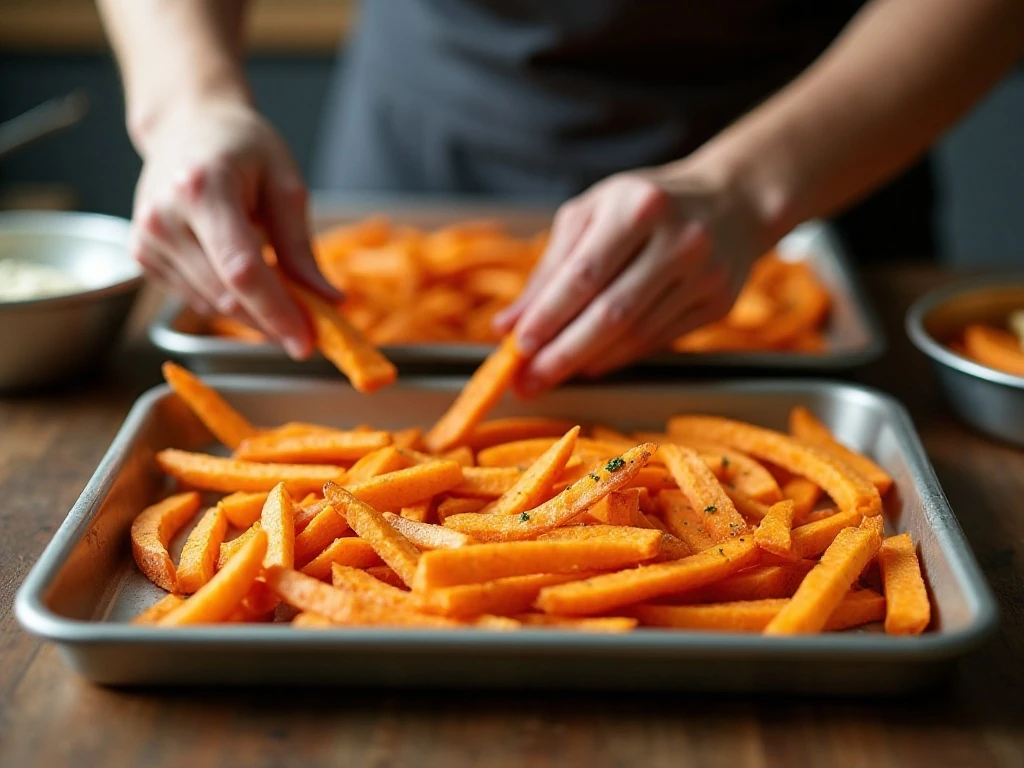 Sweet potato fries spaced apart on baking sheets for crisping