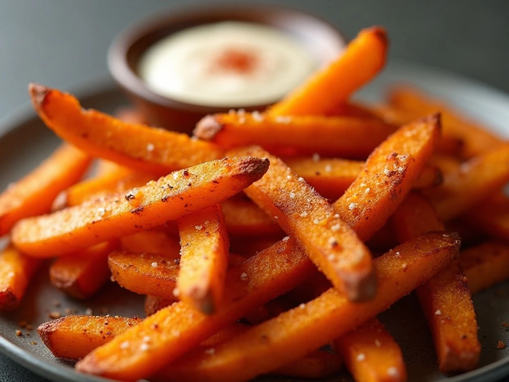 Smoked paprika sweet potato fries with dipping sauce and finishing salt
