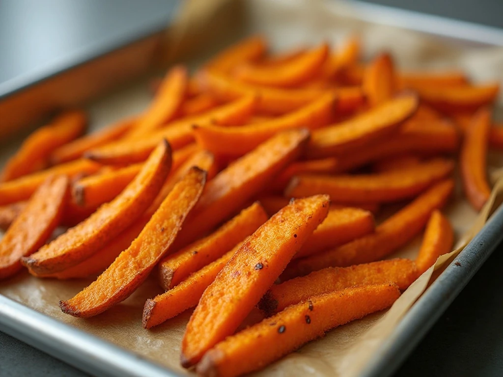 Baked sweet potato fries ready to serve after reheating