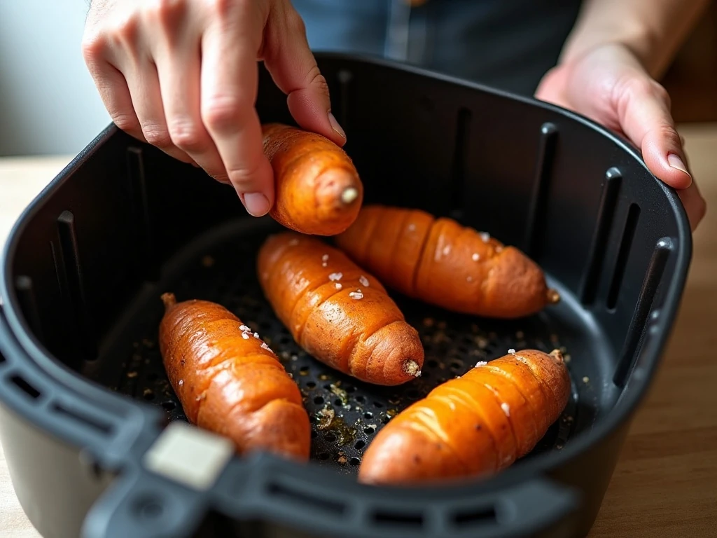 Prepared sweet potatoes arranged in an air-fryer basket