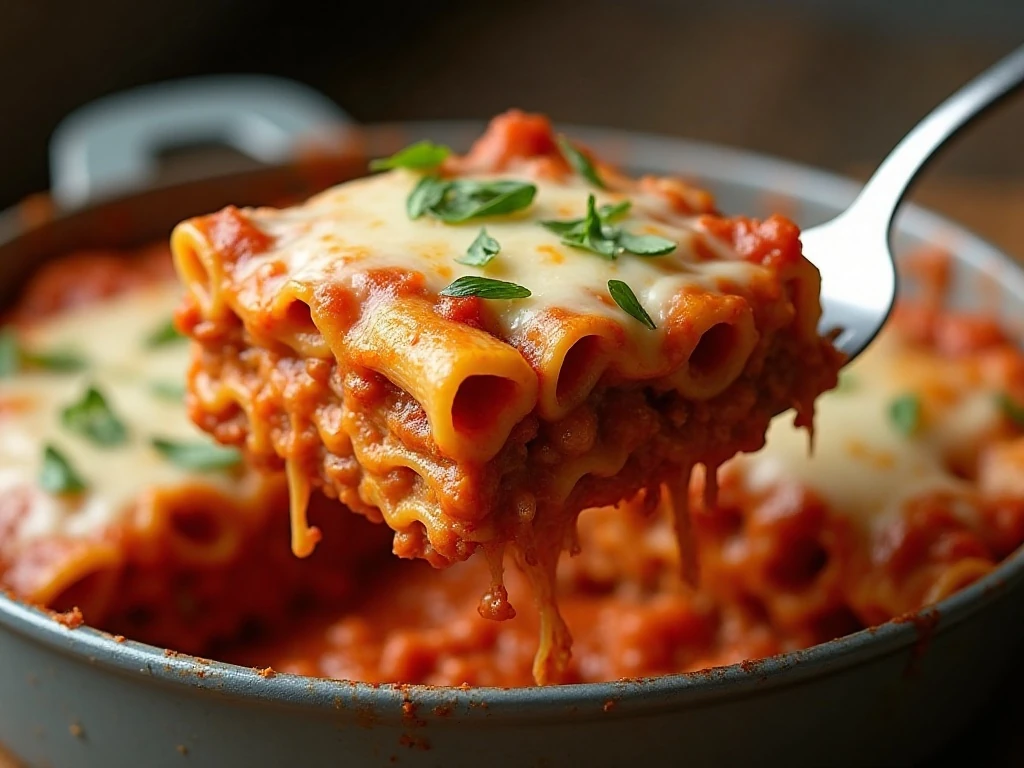 Serving of cheesy baked ziti with meat sauce showing layered pasta and ricotta