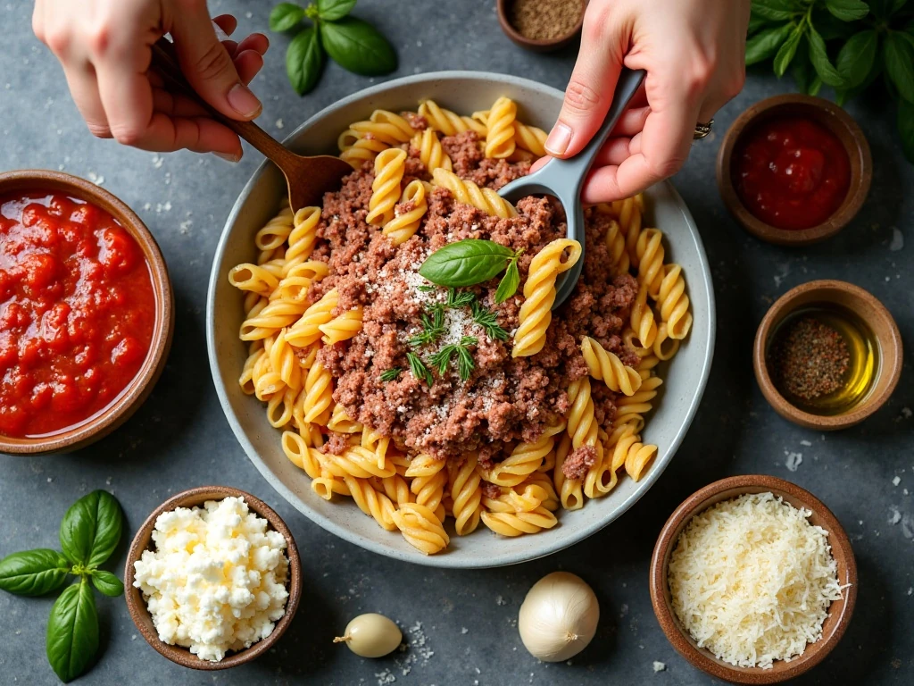 Ingredients for baked ziti with meat sauce arranged for cooking