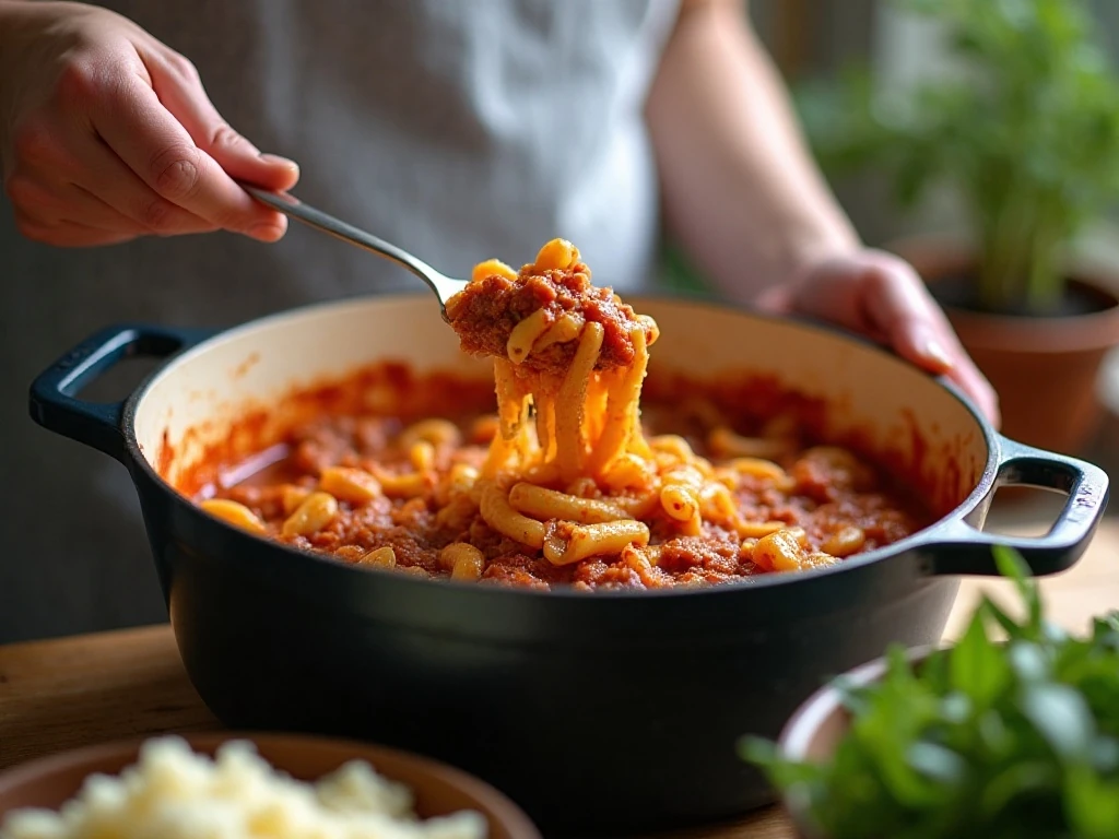 Ziti being mixed with meat sauce during baked pasta preparation