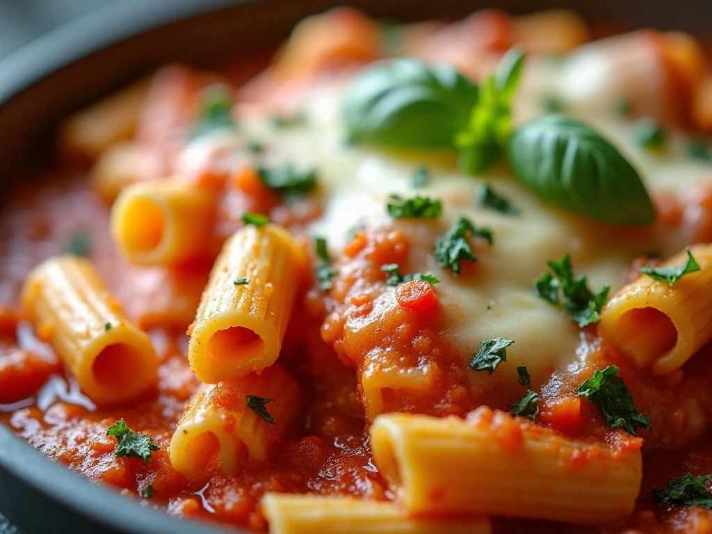 Golden cheese and fresh herbs on baked ziti with meat sauce