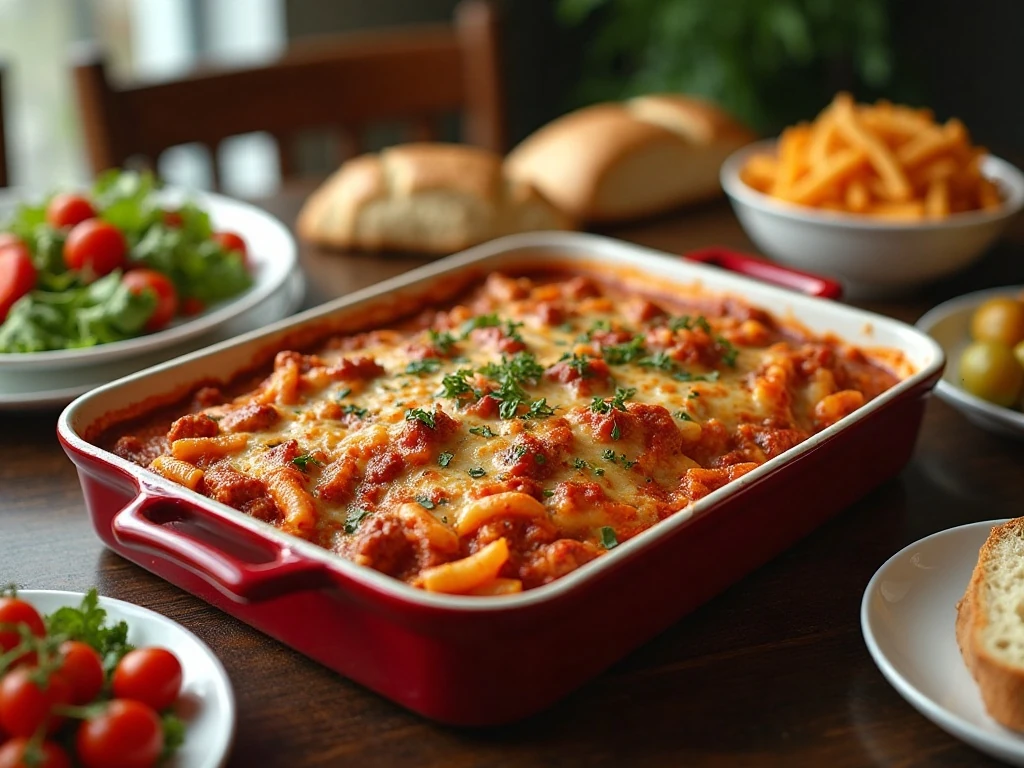 Baked ziti served with salad, bread, and roasted vegetables