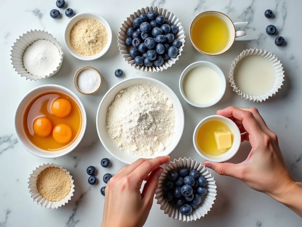 Ingredients for moist bakery-style blueberry muffins