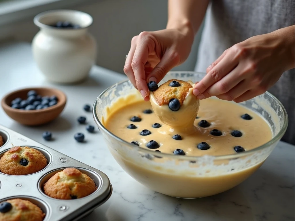 Gently folding blueberries into muffin batter