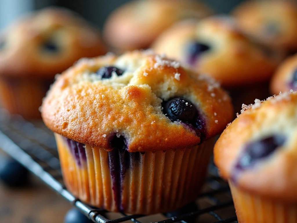 Tall blueberry muffin tops with coarse sugar