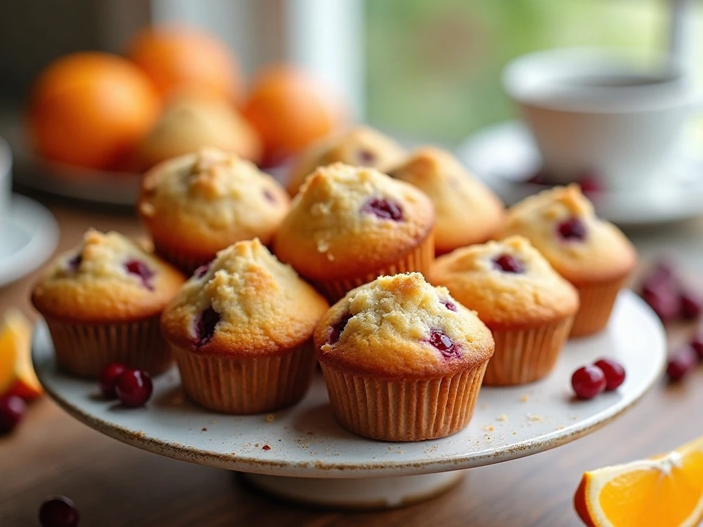 Tall bakery-style orange cranberry muffins arranged for breakfast