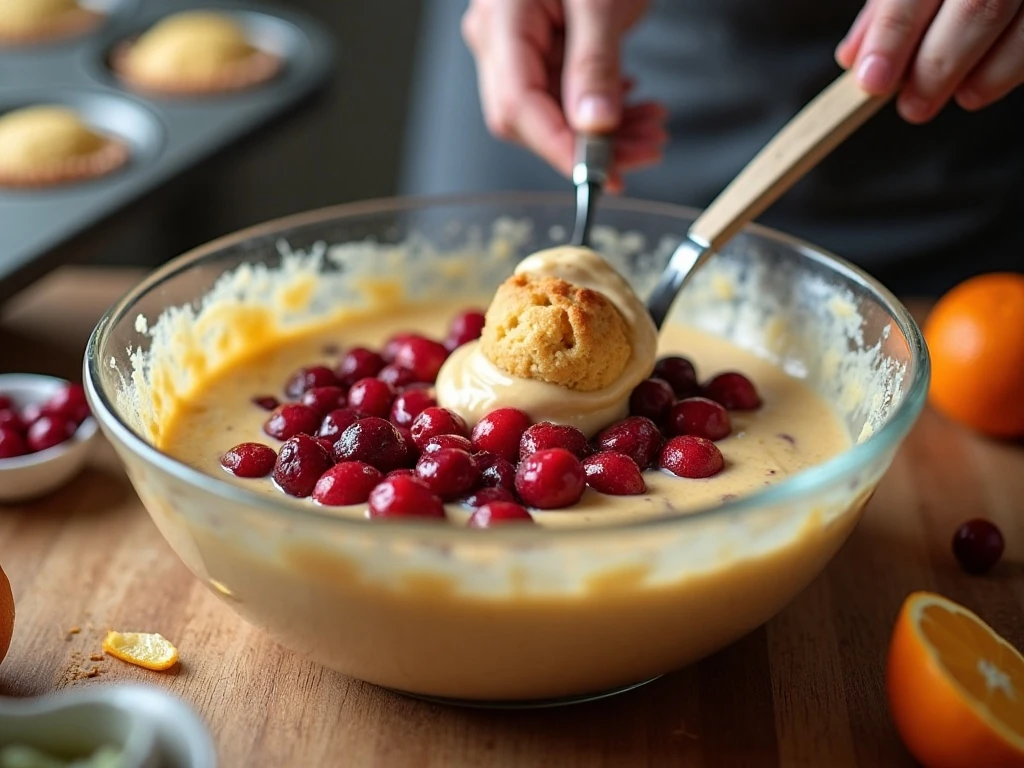 Folding cranberries into orange muffin batter