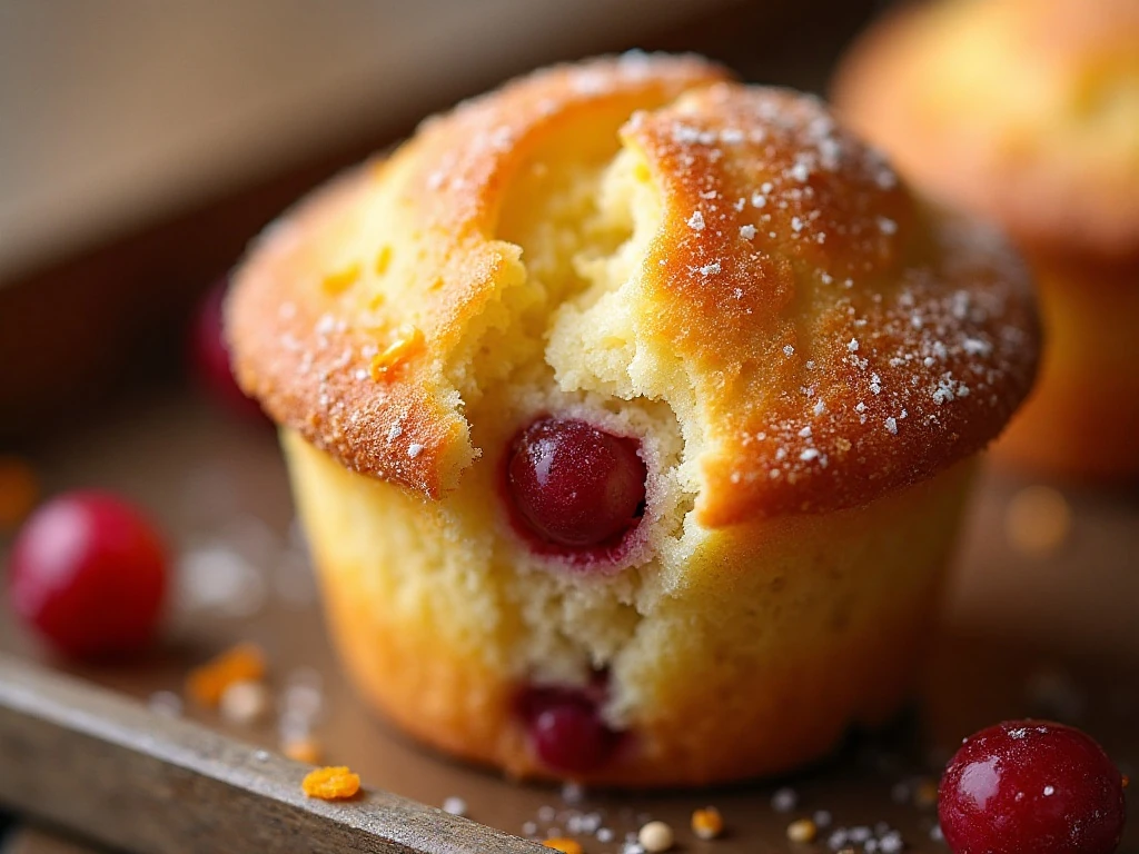 Close-up of a sugar-topped orange cranberry muffin