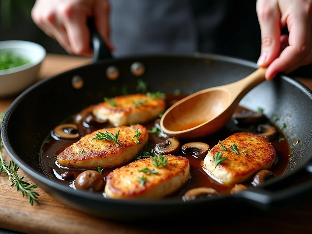 Glossy balsamic sauce reducing with chicken and mushrooms