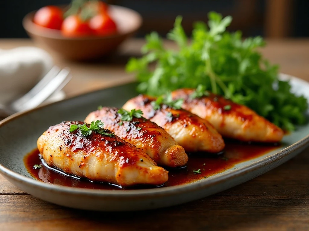 Skillet balsamic chicken breasts with cherry tomatoes and parsley