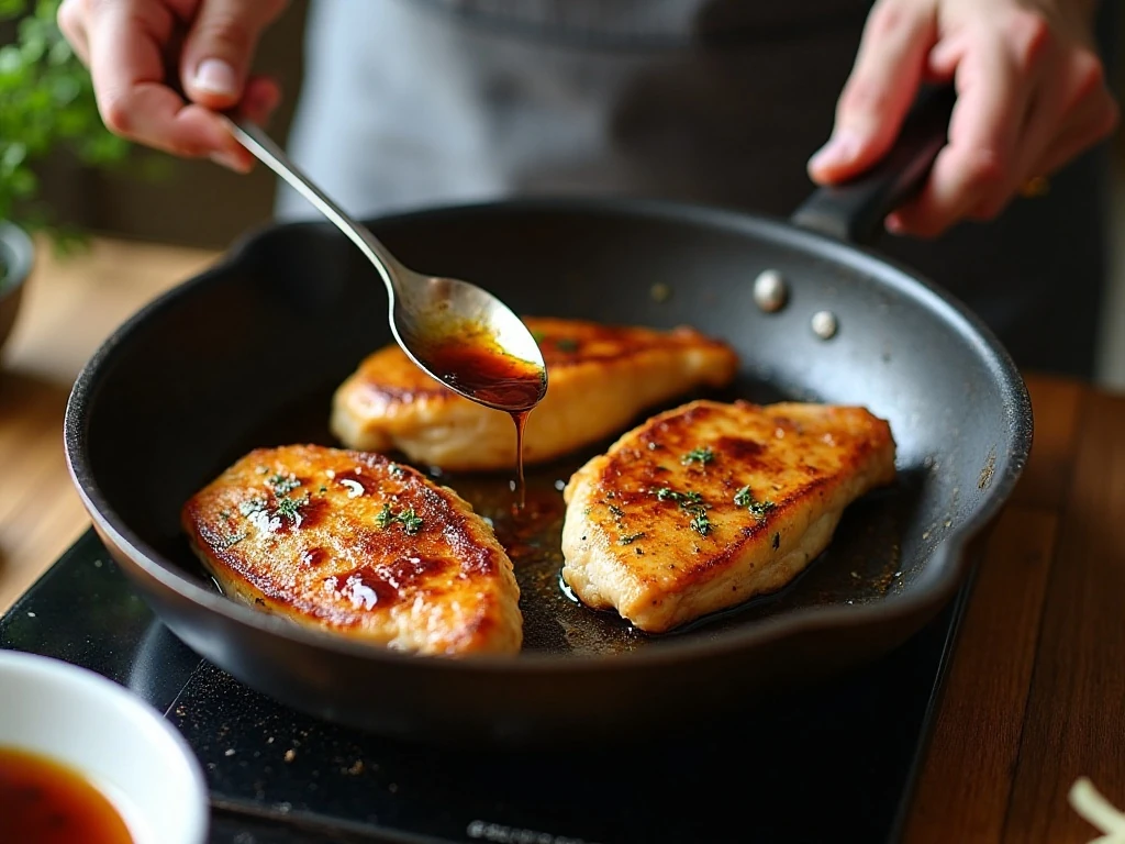 Chicken breasts searing in a skillet with balsamic glaze