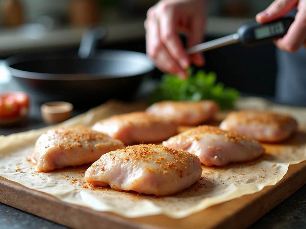 Evenly prepared chicken breasts for skillet cooking